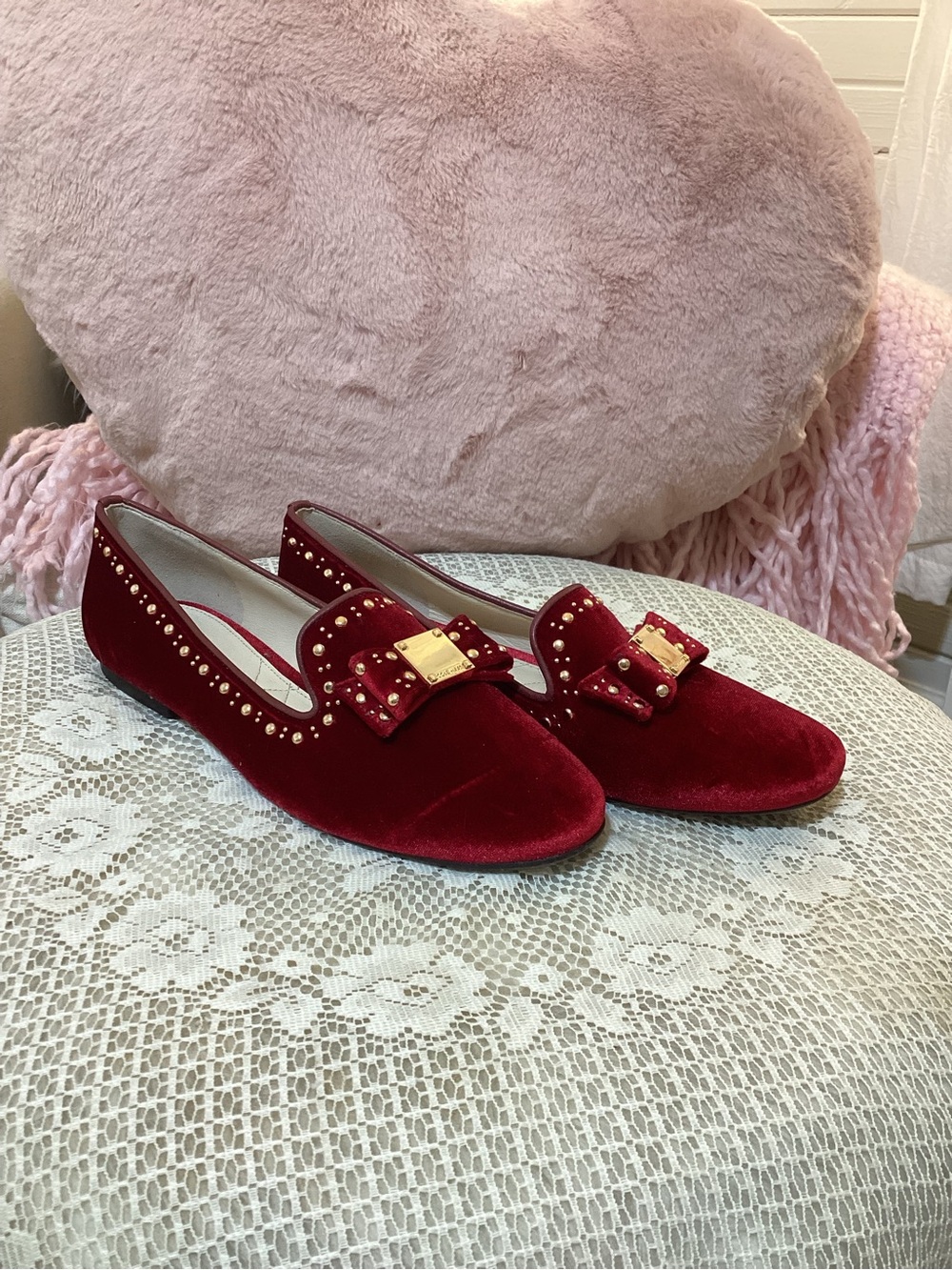 Cole Haan Red Velvet Studded Bow Flats with Gold Accent